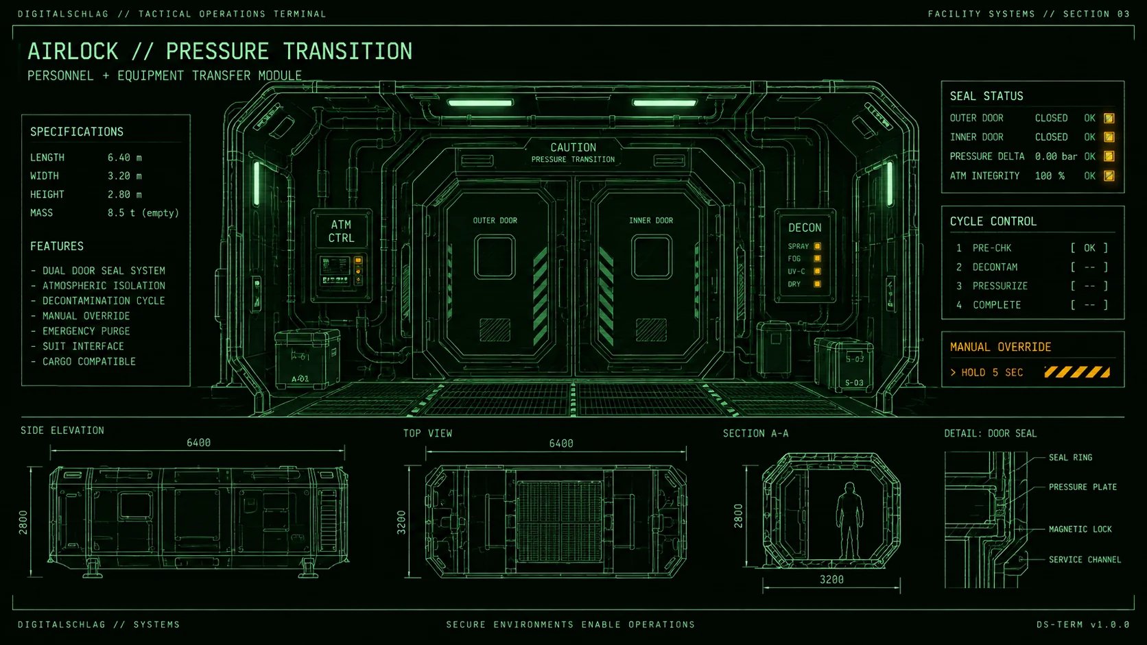 Green CRT-style technical schematic of a fictional pressure airlock.