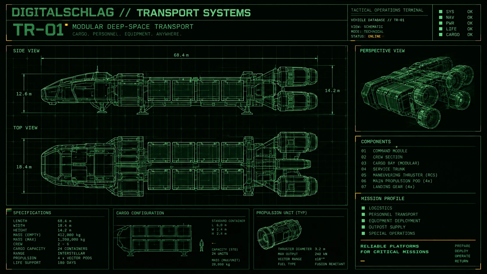 Green CRT-style technical schematic of a fictional modular transport craft.
